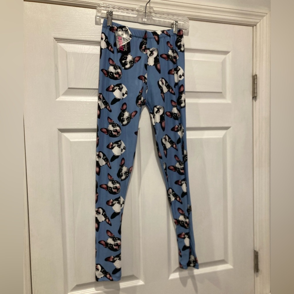 Legging Army Blue Dog Print Leggings Small French Bulldog Stretch Pants Cute